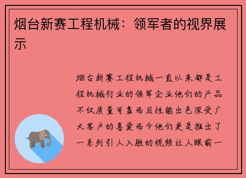 烟台新赛工程机械：领军者的视界展示